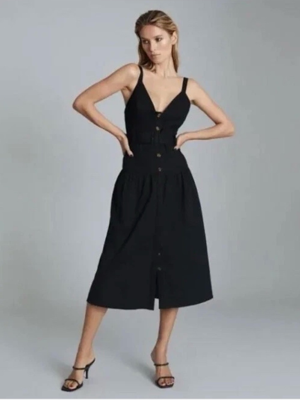 REISS - Vita Button Through Midi Dress Black Size 4